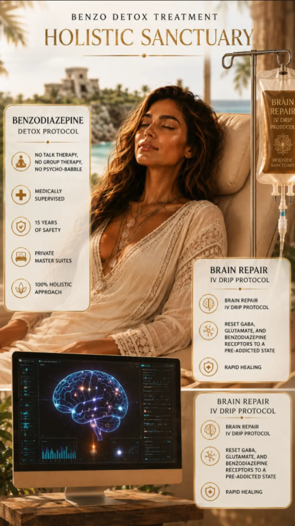 Benzo detox treatment infographic showing a resident resting during a supervised Brain Repair IV drip session with private master suites and a holistic protocol