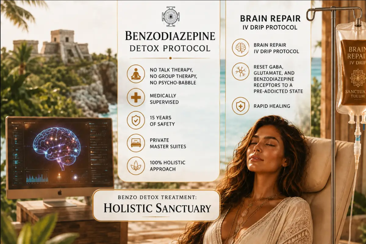 Holistic Sanctuary benzodiazepine detox protocol infographic: medically supervised care, private master suites, a holistic approach and the Brain Repair IV drip protocol