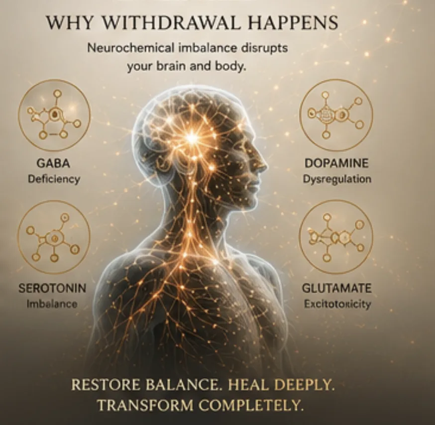 Benzodiazepine withdrawal graphic explaining neurochemical imbalance across GABA, dopamine, serotonin and glutamate systems