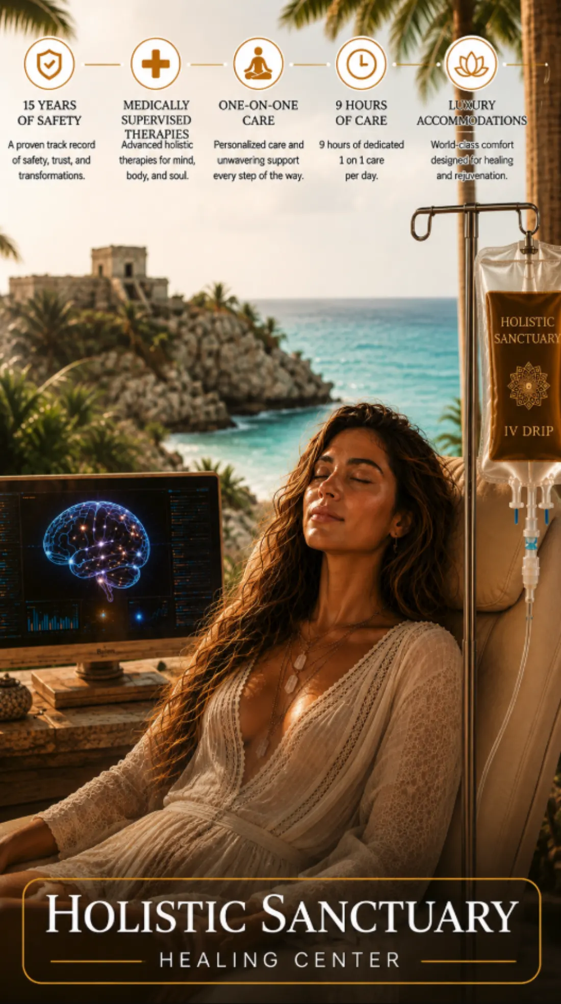 Holistic Sanctuary infographic showing a resident receiving the Brain Repair IV protocol with fifteen years of safety, medically supervised therapies and nine hours of one-to-one care per day