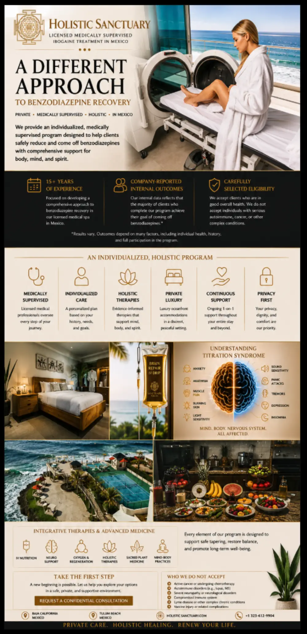 Holistic Sanctuary infographic: a different approach to benzodiazepine recovery, private, medically supervised and holistic in Mexico, with eligibility criteria and conditions not accepted