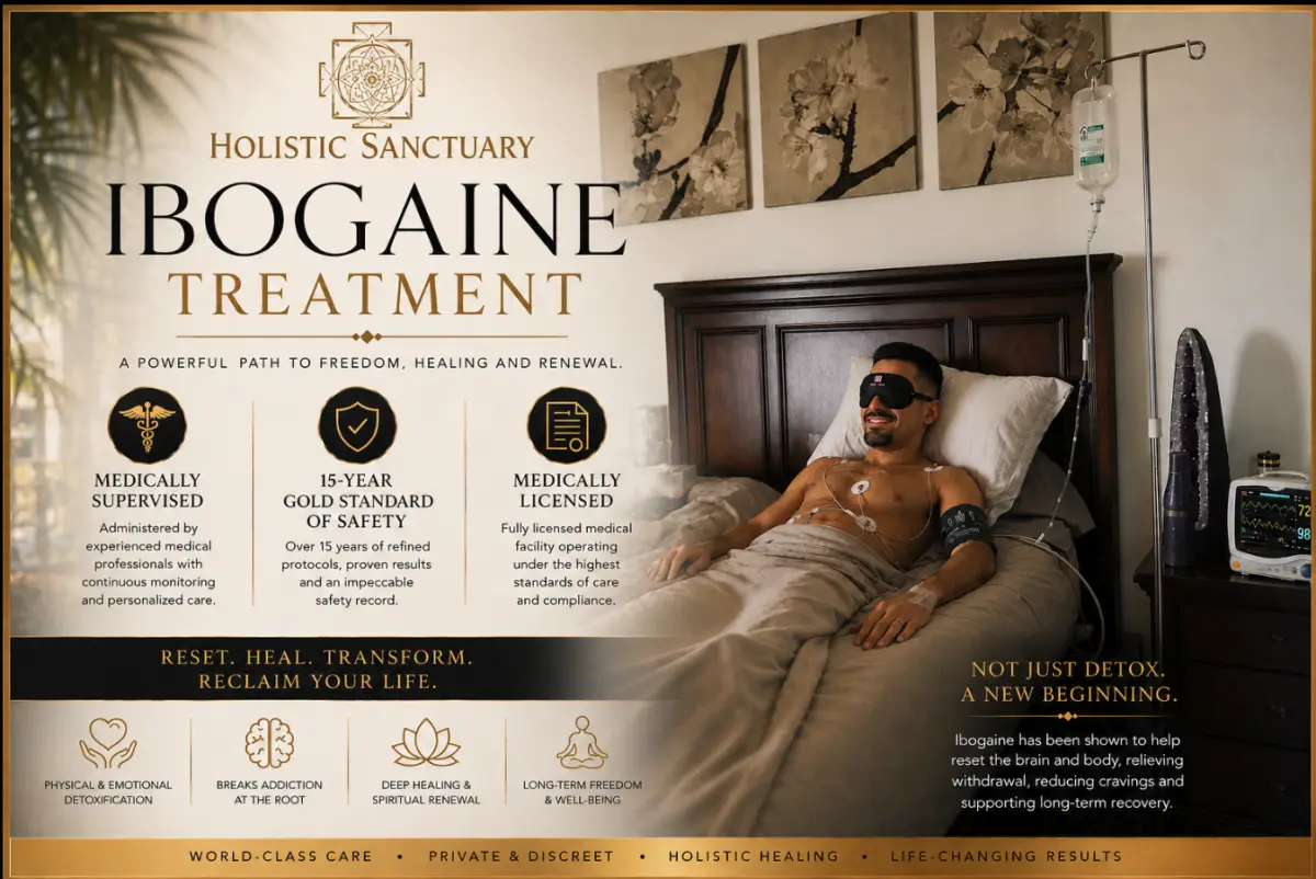 Holistic Sanctuary ibogaine treatment infographic: medically supervised administration with continuous cardiac monitoring, fifteen years of operating history and a licensed medical facility