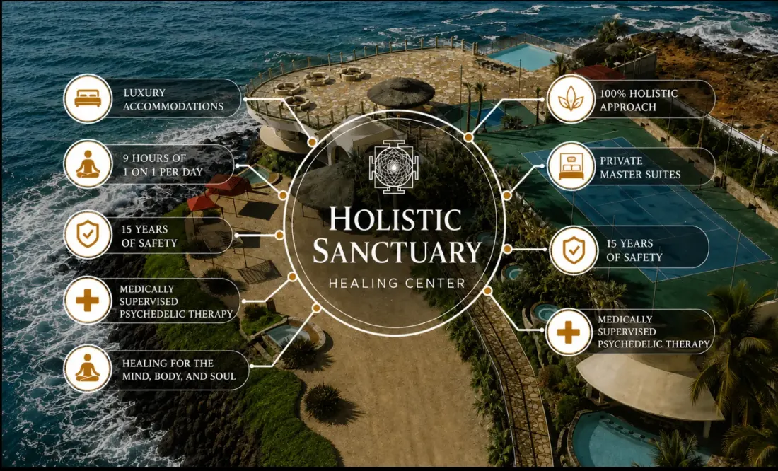 Holistic Sanctuary infographic showing luxury accommodations, private master suites, medically supervised psychedelic therapy, nine hours of one-to-one care per day and a 100% holistic approach