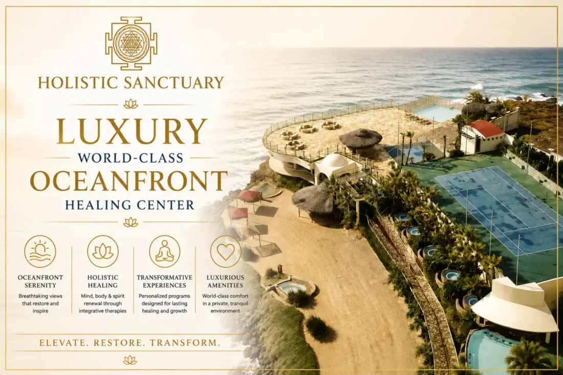 Holistic Sanctuary infographic: luxury world-class oceanfront healing center, oceanfront serenity, holistic healing, transformative experiences and luxurious amenities