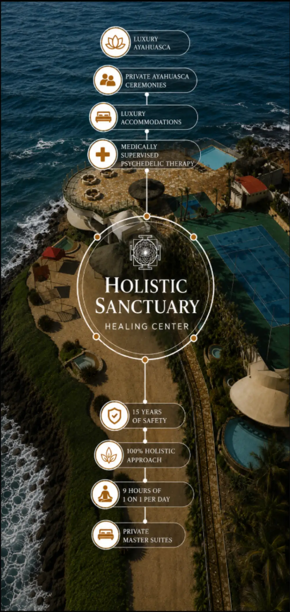 Holistic Sanctuary infographic on private luxury ayahuasca ceremonies, medically supervised psychedelic therapy, private master suites and nine hours of one-to-one care per day