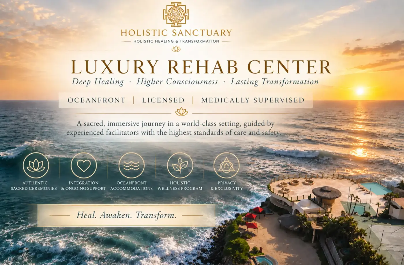 Luxury rehab center graphic for Holistic Sanctuary showing the oceanfront property with licensed, medically supervised and holistic wellness highlights