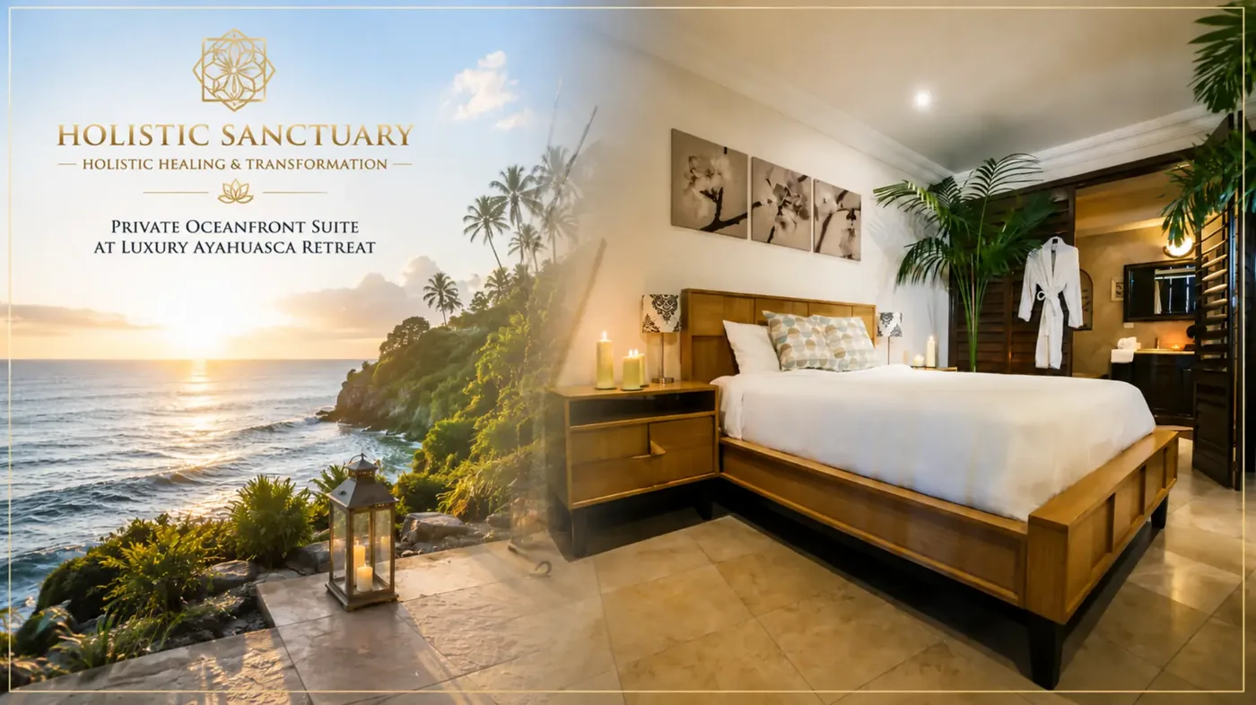 Private oceanfront suite at the Holistic Sanctuary luxury ayahuasca retreat, with a king bed, candles and a sunset ocean view