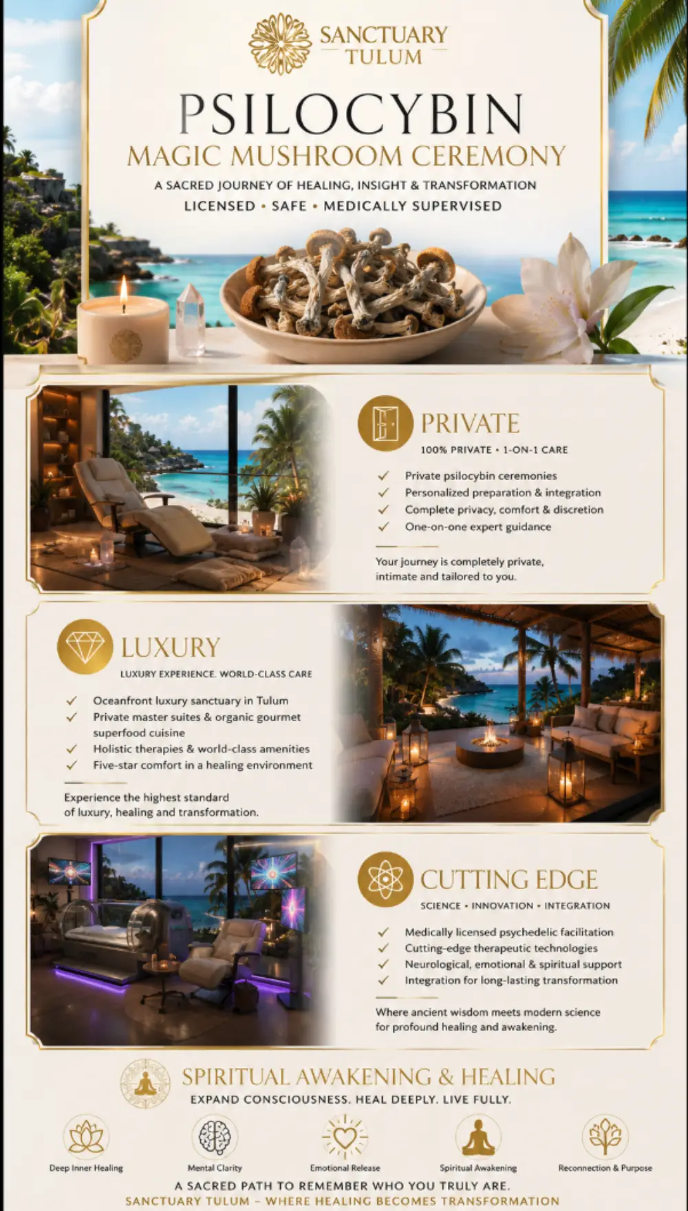 Sanctuary Tulum infographic on private psilocybin ceremonies: one-to-one care, personalised preparation and integration, oceanfront luxury accommodation and medically supervised facilitation