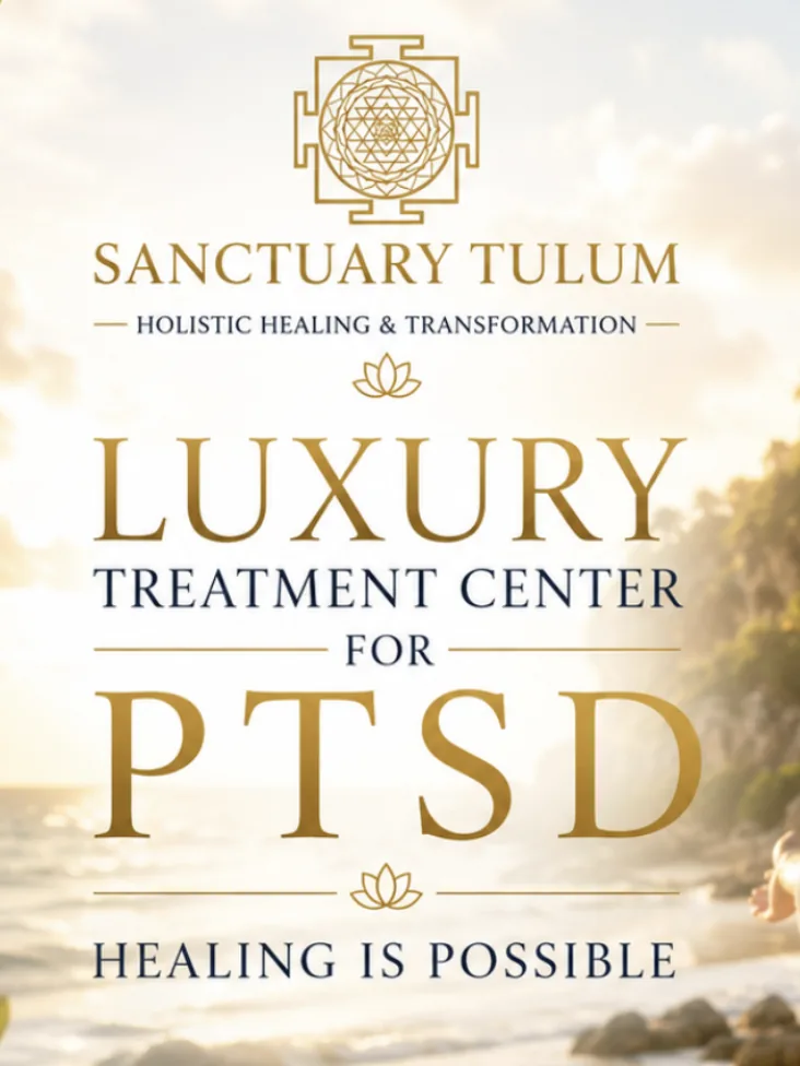 Luxury treatment center for PTSD graphic from Holistic Sanctuary, oceanfront Tulum setting with the line Healing Is Possible